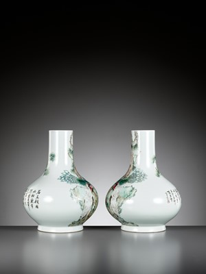 Lot 458 - A PAIR OF ‘QIANJIANG CAI’ ENAMELED ‘PEACOCK AND CRANE’ VASES, BY MA QINGYUN, DATED 1920