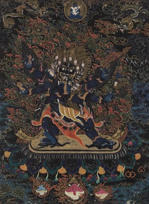 Lot 533 - A BLACK-GROUND THANGKA DEPICTING VAJRAKILA