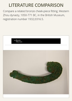 Lot 463 - A PAIR OF ‘DRAGON AND TAOTIE MASK’ BRONZE CHEEK-PIECE FITTINGS, ZHOU DYNASTY