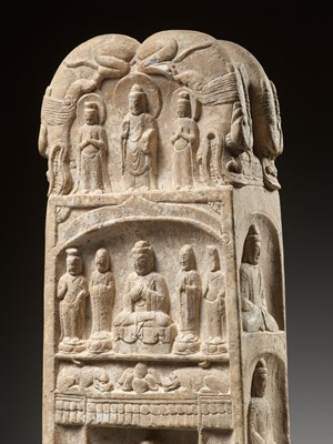 Lot 499 - A BUDDHIST STELE, FINELY CARVED FROM WHITE MARBLE, NORTHERN QI DYNASTY