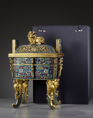 Lot 17 - A LARGE IMPERIAL CLOISONNÉ ENAMEL ARCHAISTIC CENSER AND COVER, FANGDING, QIANLONG MARK AND PERIOD