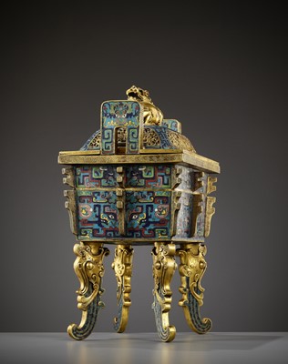 Lot 17 - A LARGE IMPERIAL CLOISONNÉ ENAMEL ARCHAISTIC CENSER AND COVER, FANGDING, QIANLONG MARK AND PERIOD