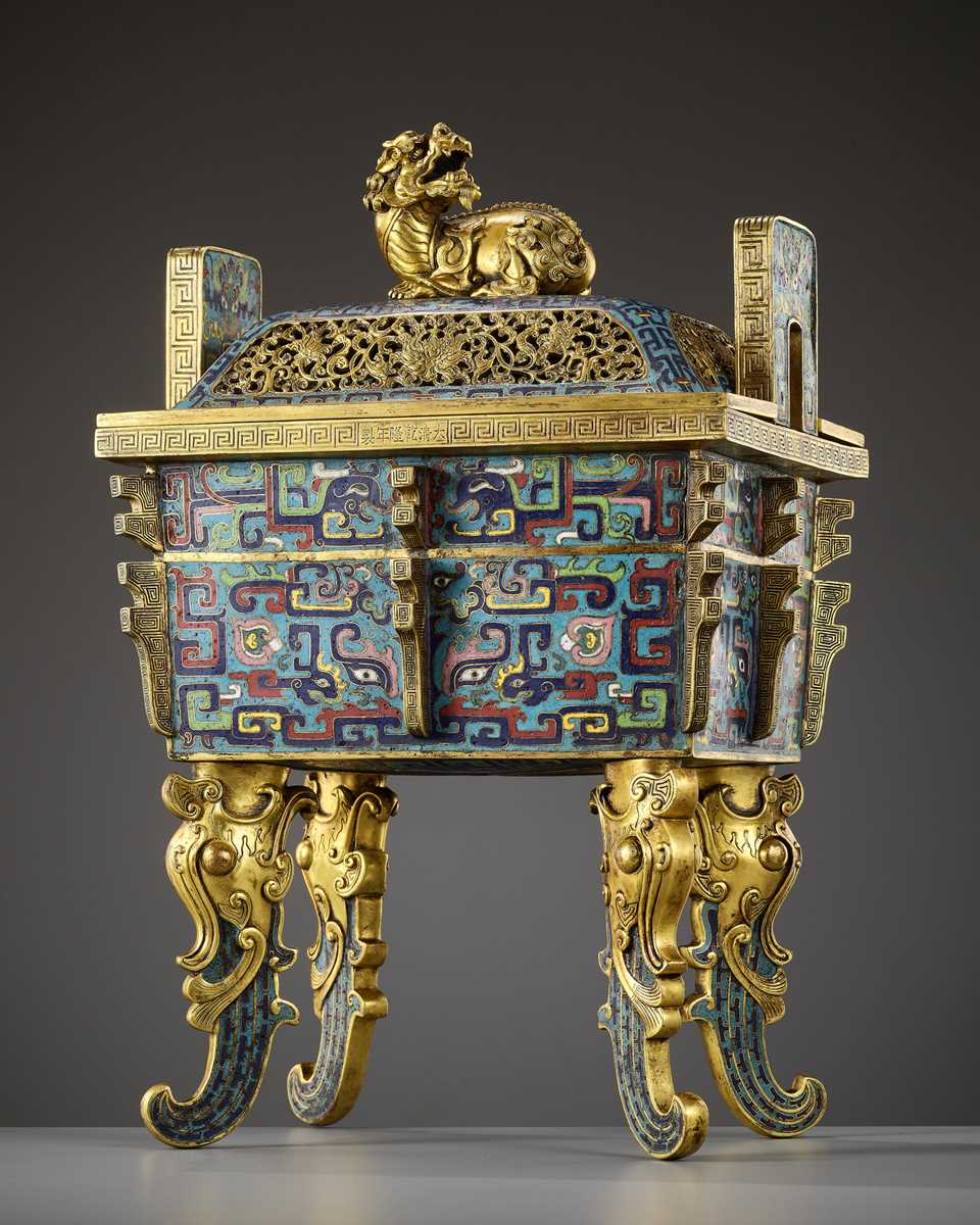 Lot 17 - A LARGE IMPERIAL CLOISONNÉ ENAMEL ARCHAISTIC CENSER AND COVER, FANGDING, QIANLONG MARK AND PERIOD