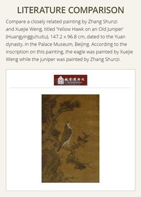 Lot 542 - ‘YELLOW HAWK ON AN OLD JUNIPER’, AFTER ZHANG SHUNZI AND XUEJIE WENG, MING DYNASTY