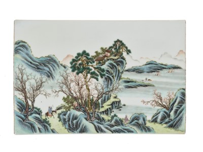 Lot 455 - A FAMILLE ROSE ‘LANDSCAPE’ PLAQUE, LATE QING DYNASTY TO REPUBLIC PERIOD