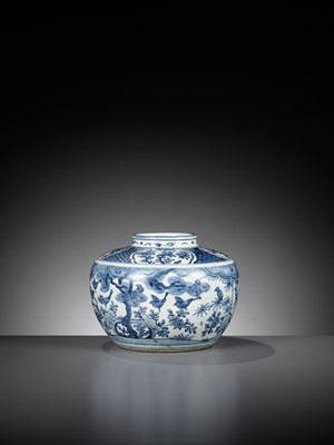 Lot 383 - A BLUE AND WHITE ‘BIRDS AND FLOWERS’ JAR, LATE MING DYNASTY