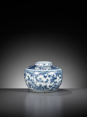 Lot 383 - A BLUE AND WHITE ‘BIRDS AND FLOWERS’ JAR, LATE MING DYNASTY