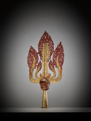 Lot 198 - A LARGE LACQUERED AND GILT COPPER-ALLOY TRISHULA FITTING, TIBET, 17TH - 18TH CENTURY