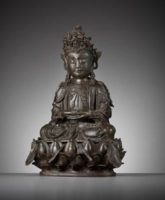 Lot 163 - A LARGE BRONZE FIGURE OF GUANYIN, LATE MING DYNASTY