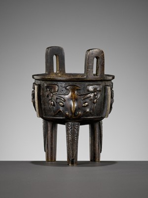 Lot 478 - A BRONZE ARCHAISTIC MINIATURE TRIPOD CENSER, DING, QING DYNASTY, 17TH CENTURY