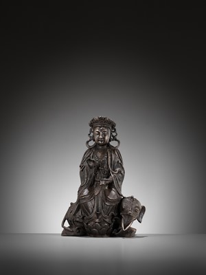 Lot 502 - A BRONZE FIGURE OF SAMANTABHADRA RIDING AN ELEPHANT, MING DYNASTY