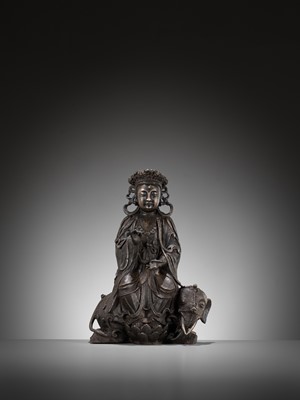 Lot 502 - A BRONZE FIGURE OF SAMANTABHADRA RIDING AN ELEPHANT, MING DYNASTY