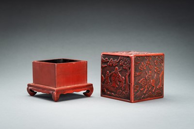 Lot 22 - A CINNABAR LACQUER ‘IMMORTALS AND BUDAI’ BOX AND COVER, QING