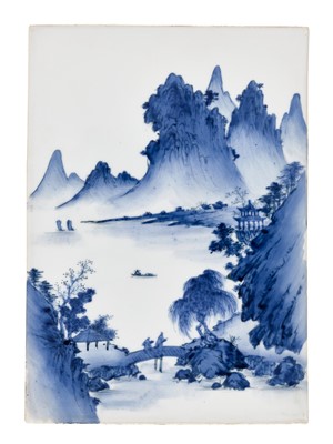 Lot 454 - A SCENIC BLUE AND WHITE ‘MOUNTAIN LANDSCAPE’ PLAQUE, LATE QING DYNASTY TO REPUBLIC PERIOD