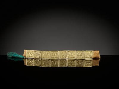 Lot 492 - A GROUP OF EIGHT ‘BAJIXIANG’ SQUARE ORNAMENTS, GILT-COPPER REPOUSSÉ, MID-QING DYNASTY