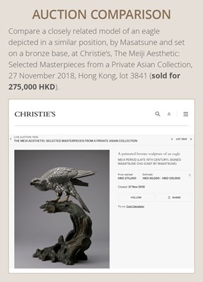 Lot 115 - MASATSUNE: A SUPERB AND LARGE BRONZE OKIMONO OF A HAWK ON ROOTWOOD BASE