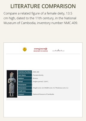 Lot 279 - A KHMER BRONZE FITTING WITH A FIGURE OF A FEMALE DEITY, ANGKOR PERIOD