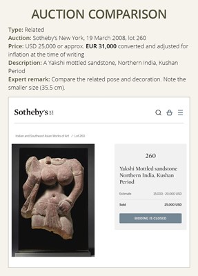 Lot 187 - A SANDSTONE TORSO OF A YAKSHI, INDIA, MATHURA, KUSHAN PERIOD, 1ST-2ND CENTURY