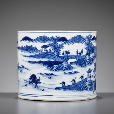 Lot 414 - A BLUE AND WHITE ‘RIVER LANDSCAPE’ BRUSHPOT, BITONG, MID-QING PERIOD