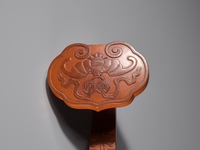 Lot 17 - AN EXTREMELY RARE AND FINE BAMBOO-VENEER RUYI SCEPTRE, QIANLONG PERIOD, IMPERIALLY INSCRIBED WITH A POEM COMPOSED IN THE BINGZI YEAR (1756)
