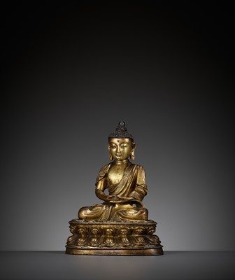 Lot 161 - AN EXCEPTIONALLY RARE AND SIGNED GILT BRONZE FIGURE OF BUDDHA, EARLY MING DYNASTY