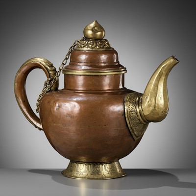 Lot 26 - A LARGE BRASS AND COPPER RITUAL TEAPOT