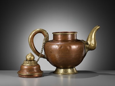 Lot 26 - A LARGE BRASS AND COPPER RITUAL TEAPOT
