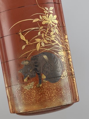 Lot 325 - TATSUKE KOKOSAI: A RARE LACQUER FOUR-CASE INRO DEPICTING A CAT AND BUTTERFLY