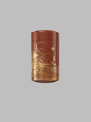 Lot 325 - TATSUKE KOKOSAI: A RARE LACQUER FOUR-CASE INRO DEPICTING A CAT AND BUTTERFLY