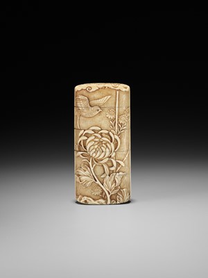A MASTERFUL WALRUS TUSK FOUR-CASE INRO DEPICTING A SWALLOW AMONGST FLOWERS