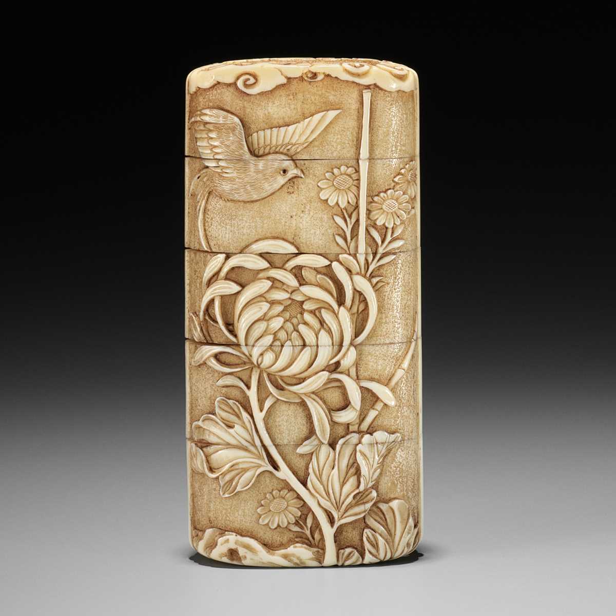 A MASTERFUL WALRUS TUSK FOUR-CASE INRO DEPICTING A SWALLOW AMONGST FLOWERS