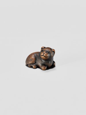 Lot 372 - A TANBA SCHOOL WOOD NETSUKE OF A RECLINING PUPPY