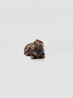 Lot 372 - A TANBA SCHOOL WOOD NETSUKE OF A RECLINING PUPPY