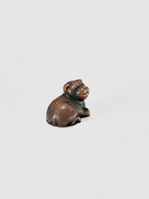 Lot 372 - A TANBA SCHOOL WOOD NETSUKE OF A RECLINING PUPPY