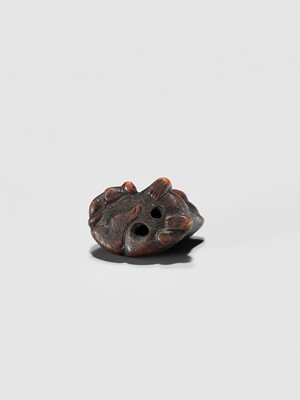 Lot 372 - A TANBA SCHOOL WOOD NETSUKE OF A RECLINING PUPPY