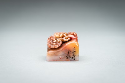 Lot 66 - A CARVED SOAPSTONE SEAL WITH LINGZHI, 1865