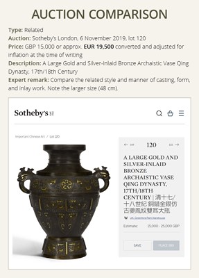 Lot 151 - A GOLD AND SILVER-INLAID BRONZE HU-FORM ARCHAISTIC VASE, 18TH CENTURY