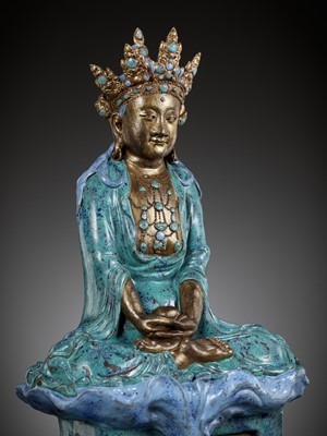 Lot 86 - A VERY LARGE ‘ROBIN’S EGG’ ENAMELED AND GILT PORCELAIN FIGURE OF AMITAYUS, QIANLONG TO JIAQING PERIOD