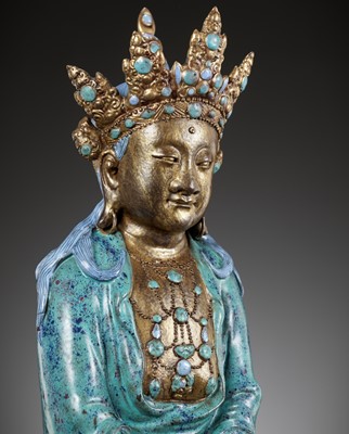 A VERY LARGE ‘ROBIN’S EGG’ ENAMELED AND GILT PORCELAIN FIGURE OF AMITAYUS, QIANLONG TO JIAQING PERIOD