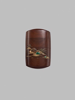 AN EXQUISITE INLAID WOOD THREE-CASE INRO DEPICTING RABBITS