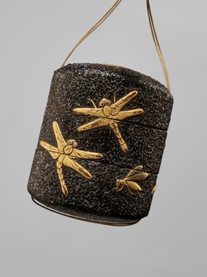 Lot 344 - A SMALL TWO-CASE LACQUER INRO WITH DRAGONFLIES
