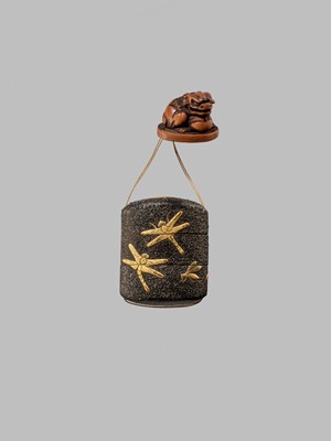 Lot 344 - A SMALL TWO-CASE LACQUER INRO WITH DRAGONFLIES