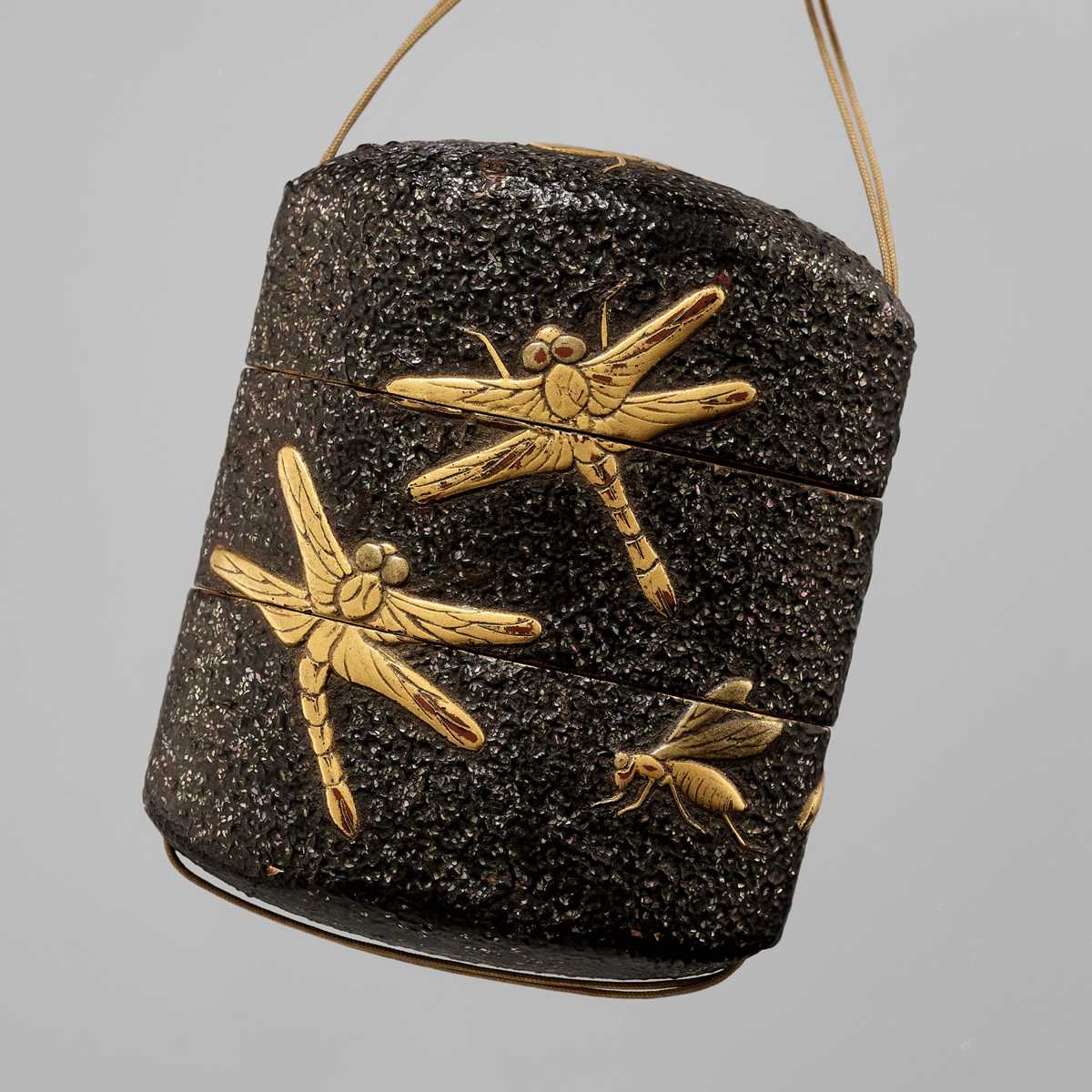 Lot 344 - A SMALL TWO-CASE LACQUER INRO WITH DRAGONFLIES