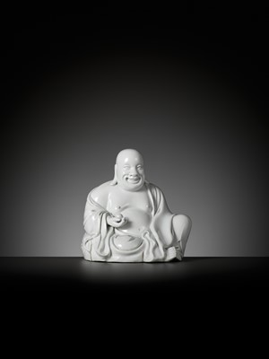 Lot 404 - A RARE WHITE GLAZED FIGURE OF A SEATED BUDAI, DEHUA, SIGNED XU YOUYI (CHINA 1887-1940)