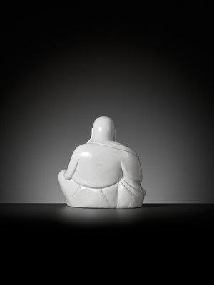 Lot 404 - A RARE WHITE GLAZED FIGURE OF A SEATED BUDAI, DEHUA, SIGNED XU YOUYI (CHINA 1887-1940)