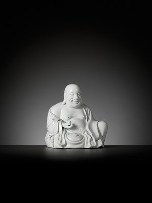 Lot 404 - A RARE WHITE GLAZED FIGURE OF A SEATED BUDAI, DEHUA, SIGNED XU YOUYI (CHINA 1887-1940)