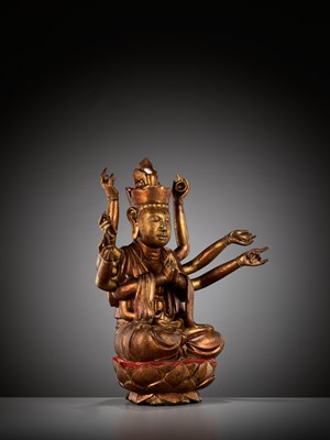 Lot 617 - A LARGE GILT-LACQUERED WOOD FIGURE OF AVALOKITESHVARA, VIETNAM, 18TH-19TH CENTURY