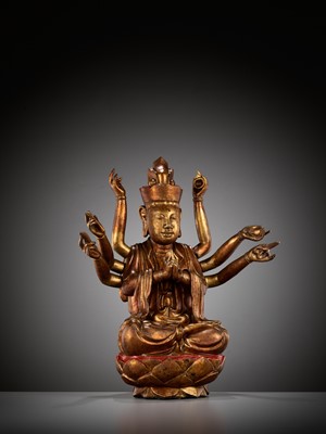 Lot 617 - A LARGE GILT-LACQUERED WOOD FIGURE OF AVALOKITESHVARA, VIETNAM, 18TH-19TH CENTURY