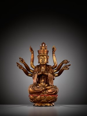 Lot 617 - A LARGE GILT-LACQUERED WOOD FIGURE OF AVALOKITESHVARA, VIETNAM, 18TH-19TH CENTURY