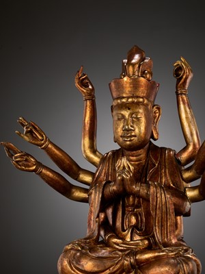 Lot 617 - A LARGE GILT-LACQUERED WOOD FIGURE OF AVALOKITESHVARA, VIETNAM, 18TH-19TH CENTURY